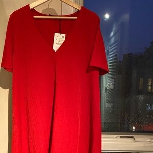 Zara Trafaluc Mini Red V-Neck Tshirt Dress